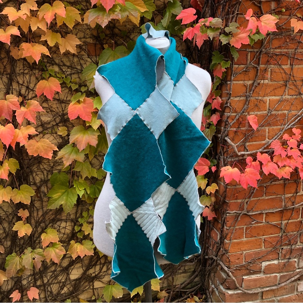 Long Angora Diamond Scarf Upcycled Knit Turquoise Fall Winter One of a Kind